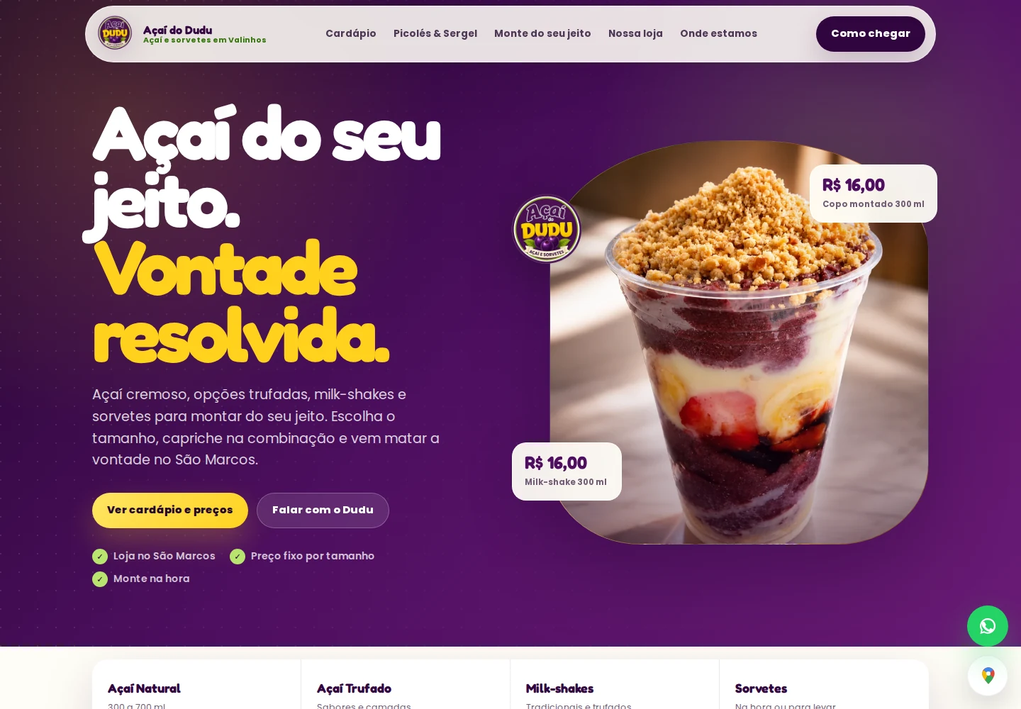 Captura real do site Açaí do Dudu com catálogo de sabores e produtos