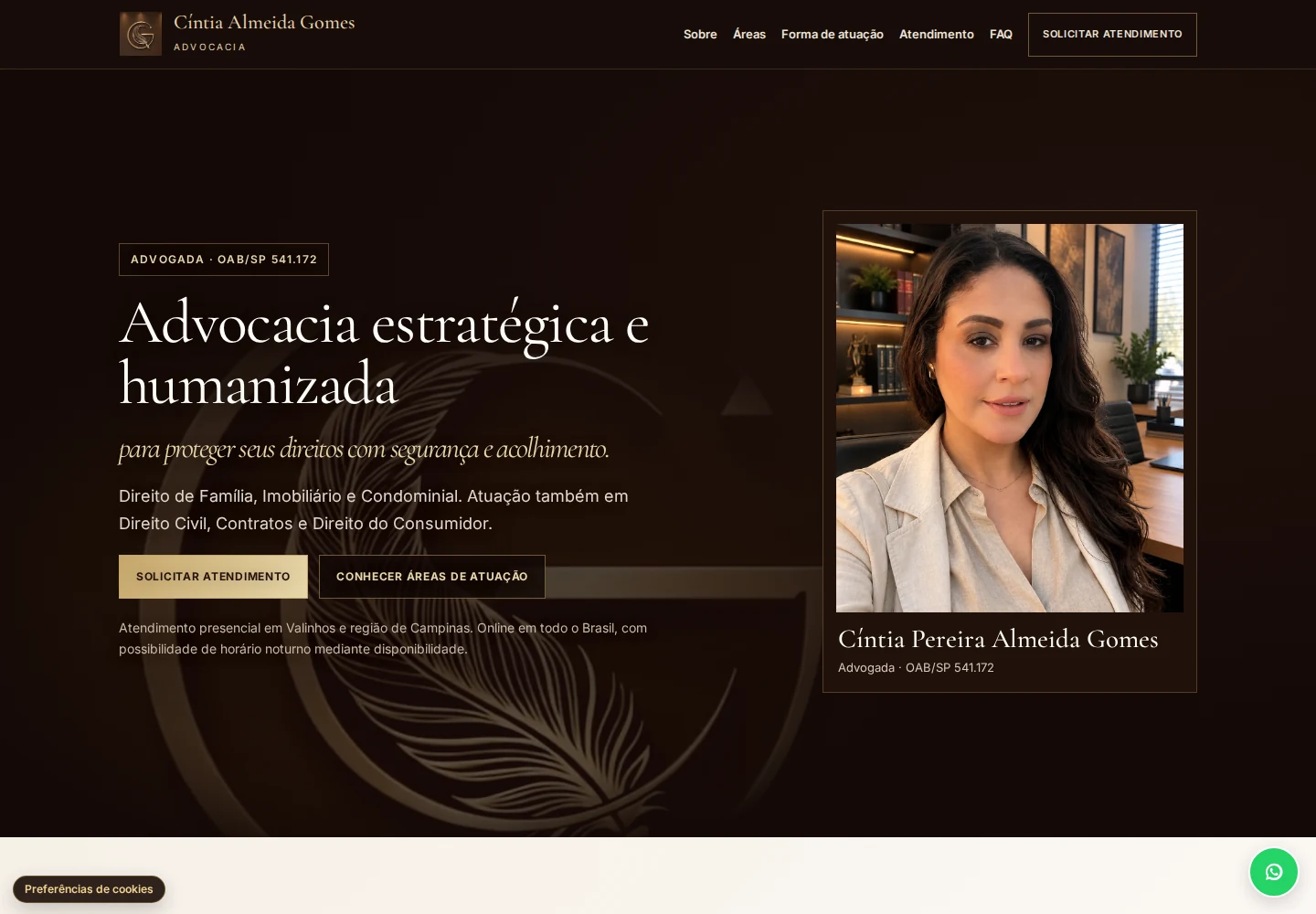 Captura real do site Cíntia Almeida Gomes Advocacia com identidade editorial