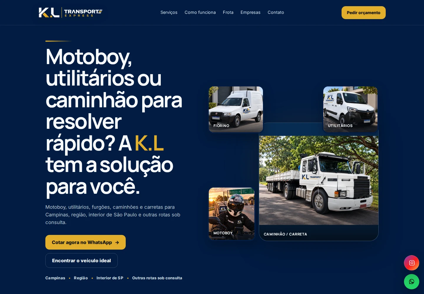 K.L Transporte Express — captura fiel do site publicado em desktop ou celular conforme a tela